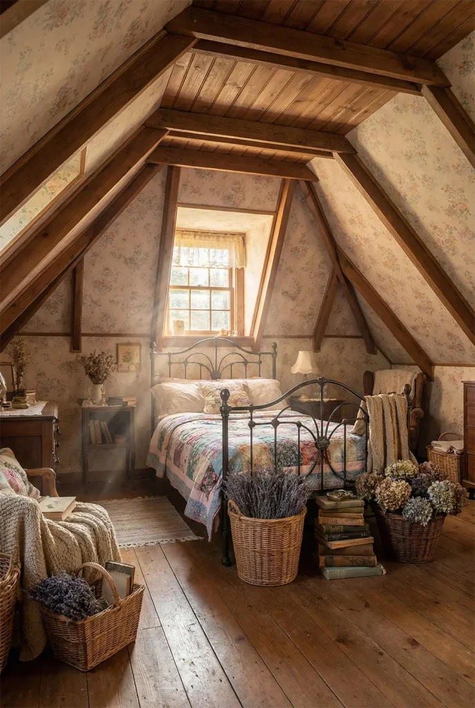 A charming wide-angle view of a cozy attic bedroom with slanted ceilings and exposed beams. Floral wallpaper covers the walls. A vintage iron bed frame is dressed in a patchwork quilt. Sunlight dapples through a small dormer window, illuminating dust motes dancing in the air. Baskets of dried flowers and stacks of vintage books clutter the floor creatively. The vibe is nostalgic and grandmother-chic.