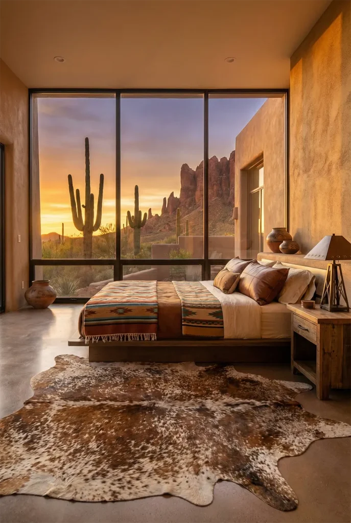 A bold wide-angle image of a desert modern bedroom in Arizona. The walls are adobe style in a warm sand color. A large cowhide rug anchors the room. The bed features leather pillows and Aztec-patterned blankets. A massive picture window frames a view of giant cacti and red rocks at sunset. The lighting is warm and golden.
