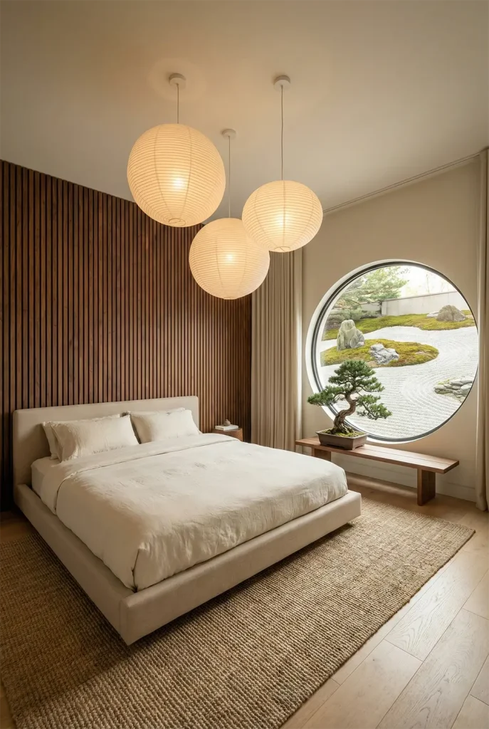 An ultra-wide-angle view of a Japandi-style bedroom that perfectly balances rustic Japanese minimalism with Scandinavian functionality. The room features a slat-wood feature wall in warm walnut tones behind a beige upholstered bed. Low-hanging paper lantern pendants cast a warm, inviting glow. A bonsai tree sits on a low bench near a large circular window overlooking a rock garden. The color palette is strictly earth tones, cream, and wood.