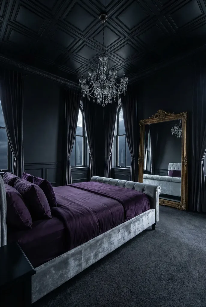 A dramatic wide-angle shot of a modern Gothic bedroom. The walls are painted charcoal black with black wainscoting. A dramatic crystal chandelier hangs from a black tin ceiling. The bed is upholstered in silver velvet with purple accents. A large antique mirror leans against the wall, reflecting the room. Tall windows with heavy velvet drapes let in slivers of moonlight.