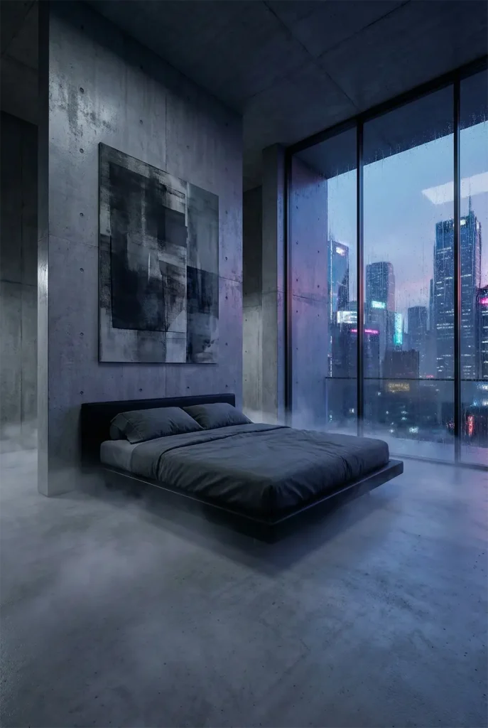 A striking wide-angle architectural shot of a brutalist-inspired minimalist bedroom. The walls and floor are smooth, polished concrete in varying shades of cool gray. A black floating bed frame creates a dramatic contrast, dressed in monochromatic slate bedding. A single abstract art piece hangs on the wall. A massive glass wall looks out onto a rainy city skyline at twilight, reflecting blue hues into the room. 18mm wide lens, deep depth of field, cinematic lighting, cold color temperature, sharp details, unreal engine 5 render style, volumetric fog.