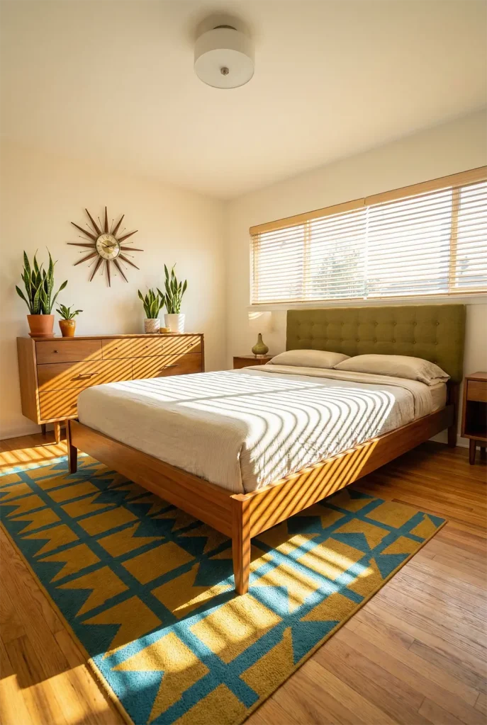 A vibrant wide-angle photograph of a Mid-Century Modern bedroom renovation. The room features a teak wood bed frame with tapered legs and an olive green tufted headboard. A geometric patterned rug in mustard and teal covers the hardwood floor. A classic sunburst clock hangs above a vintage dresser. Sunlight streams through blinds, creating linear shadows across the room. Potted snake plants add greenery.