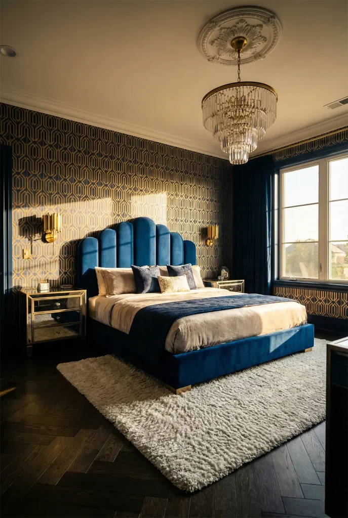 A luxurious wide-angle scene of an Art Deco master bedroom. The walls are adorned with geometric gold and navy blue wallpaper. A massive velvet scalloped headboard in deep sapphire blue dominates the center. Gold brass light fixtures and mirrored nightstands add metallic glints. A crystal chandelier hangs from a decorative ceiling medallion. The floor is dark herringbone wood with a plush white rug.