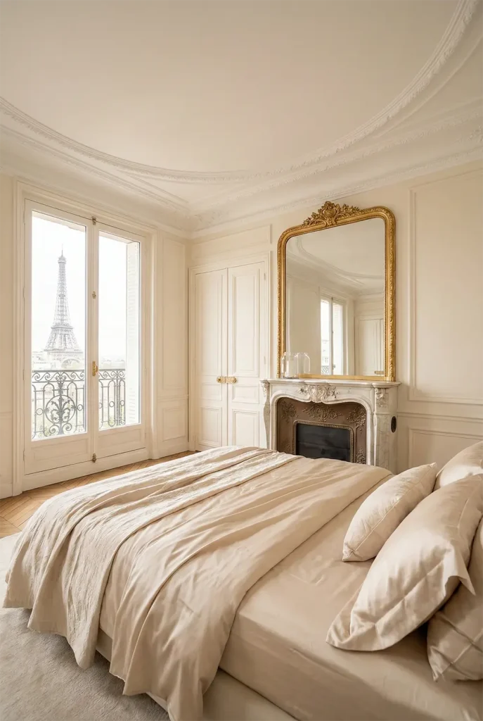 An elegant wide-angle capture of a classic Haussmann-style Parisian bedroom. The room features high ceilings with intricate crown molding and decorative wainscoting painted in creamy off-white. Tall French doors open onto a wrought-iron balcony with a view of the Eiffel Tower in the distance. A vintage fireplace with a gold mirror above it serves as a focal point. The bed is draped in silk champagne sheets. Soft, romantic afternoon light floods the space.