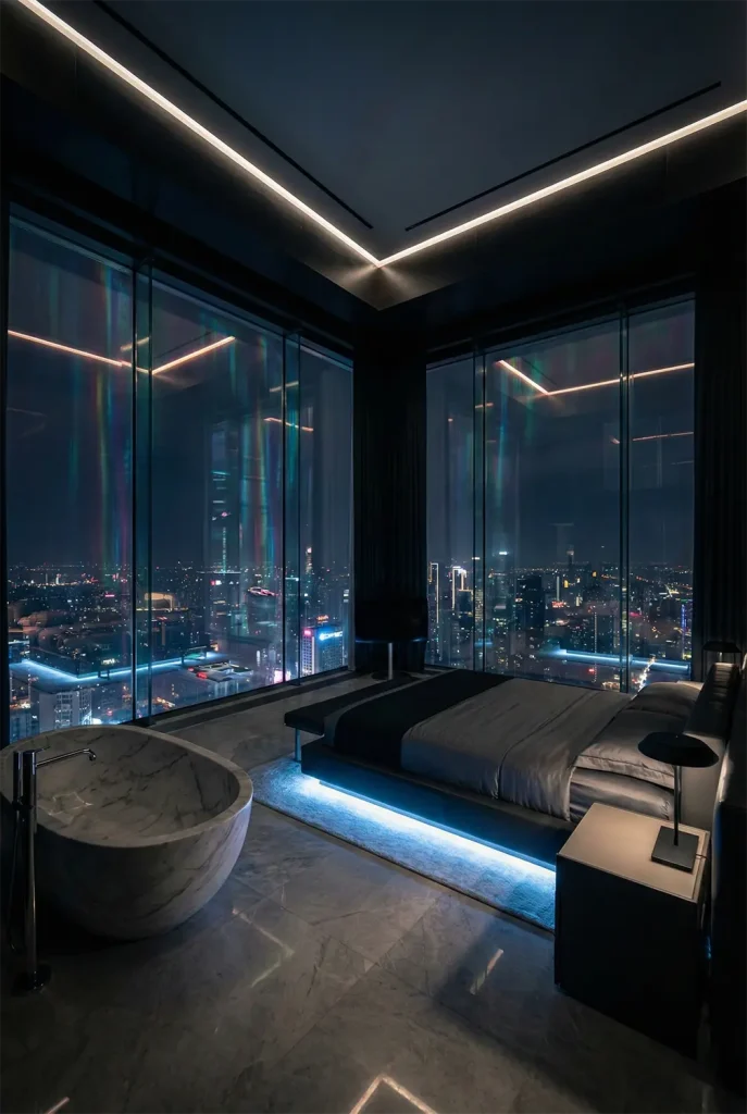 A futuristic wide-angle shot of a high-end penthouse bedroom at night. Two entire walls are floor-to-ceiling glass, offering a panoramic view of a neon-lit metropolis. The bed is a sleek, low Italian design with built-in LED under-lighting. A freestanding marble bathtub sits in the corner of the open-plan room. The ceiling features recessed lighting strips. The aesthetic is sleek, expensive, and moody.
