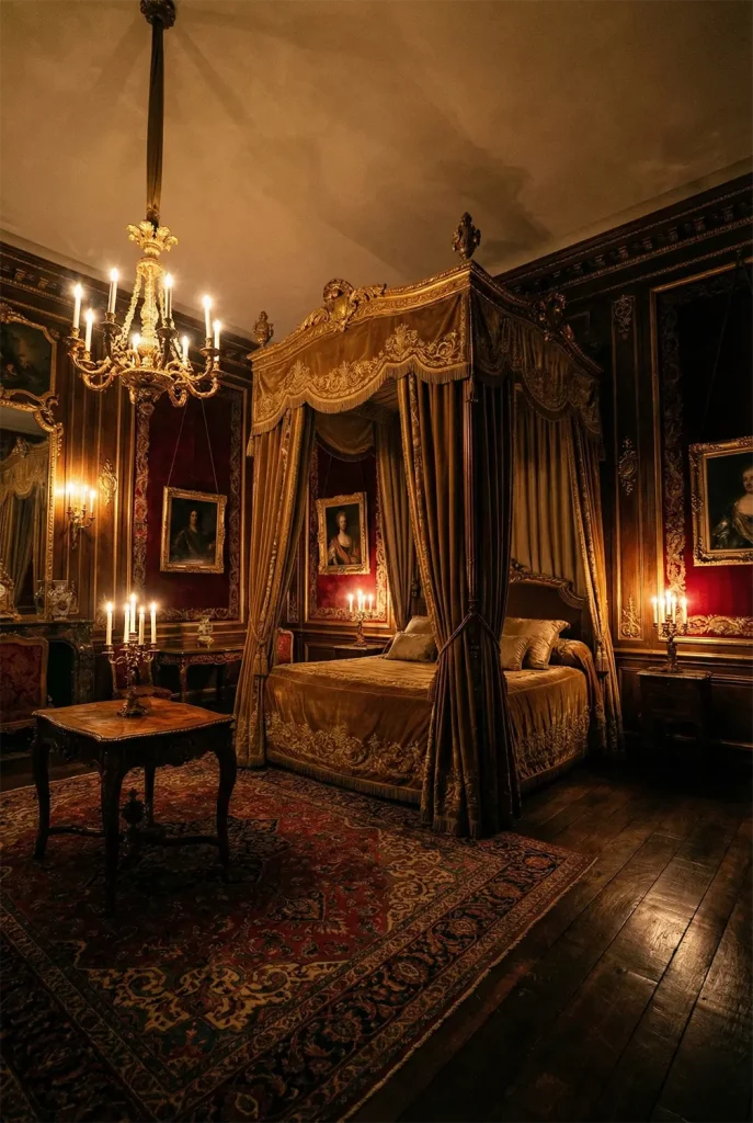An incredibly detailed wide-angle image of a neo-Baroque bedroom dripping with gold leaf and crimson velvet. The walls feature dark wood paneling with intricate carvings. A massive four-poster bed with heavy curtains dominates the space. An antique Persian rug covers the dark floor. Candlelight from elaborate candelabras provides the main light source, creating deep, mysterious shadows. The atmosphere is regal and historic.