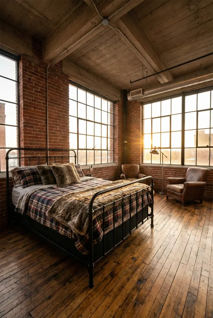 A gritty yet cozy wide-angle shot of a converted industrial loft bedroom. Exposed red brick walls meet a high concrete ceiling with visible metal ductwork. A black iron bed frame is layered with flannel and faux fur bedding. Large factory-style steel-framed windows allow golden sunset light to wash over the distressed wooden floorboards. Vintage leather armchairs sit near a metal floor lamp.
